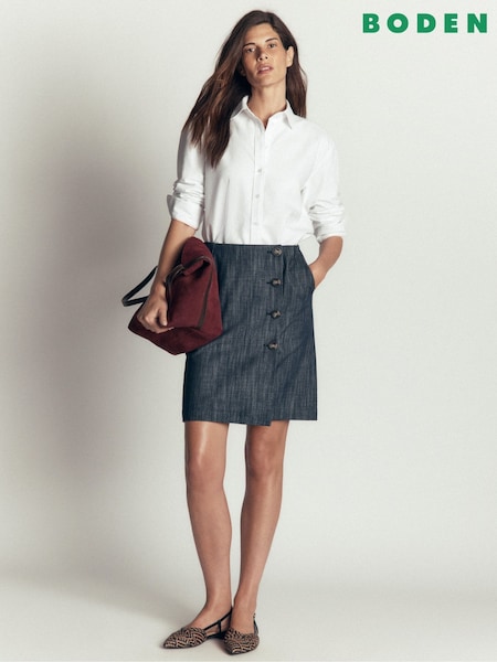 Blue - Boden Evelyn Twill Button Wrap Skirt