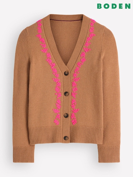 Brown - Boden Ella Embroidered Knit Cardigan