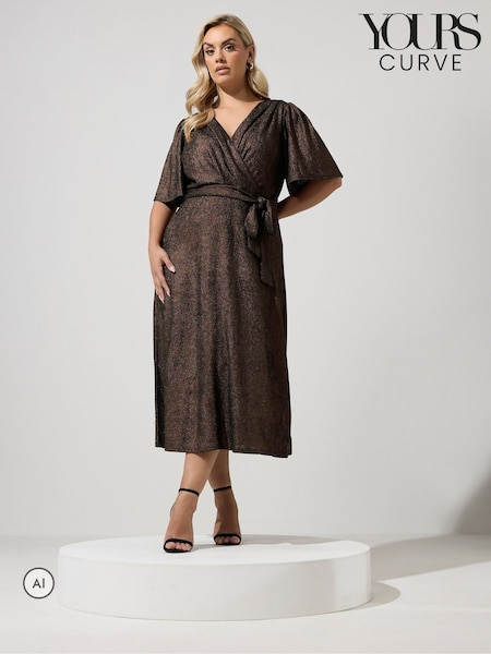 Brown - Yours Curve Metallic Wrap Dress