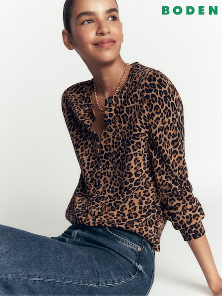Brown Leopard - Boden Camilla Cotton Crew Cardigan