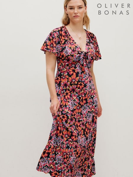 Oliver Bonas Red Sketched Floral Knot Midi Dress (629462) | €51