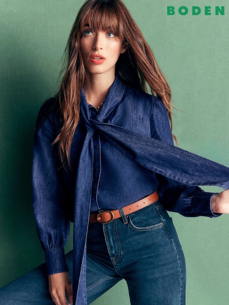 Blue - Boden Clara Tie Neck Denim Top