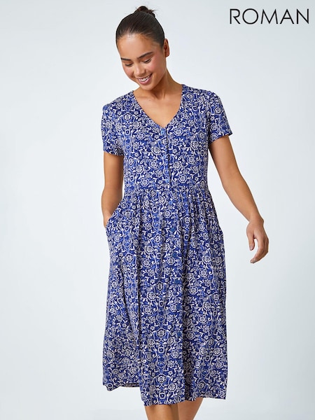 Roman Blue Petite Floral Button Pocket Midi Dress (630060) | €58