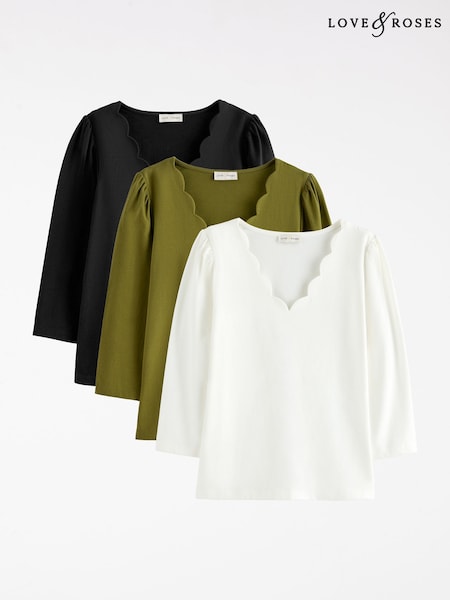 Black White and Olive Green - Love & Roses 3/4 Sleeve Scallop Vneck Jersey Top