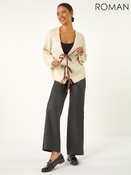 Cream - Roman Leopard Tie Front V-neck Cardigan