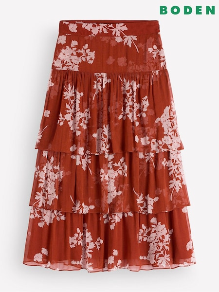 Red - Boden Tiered Ruffle Midi Skirt
