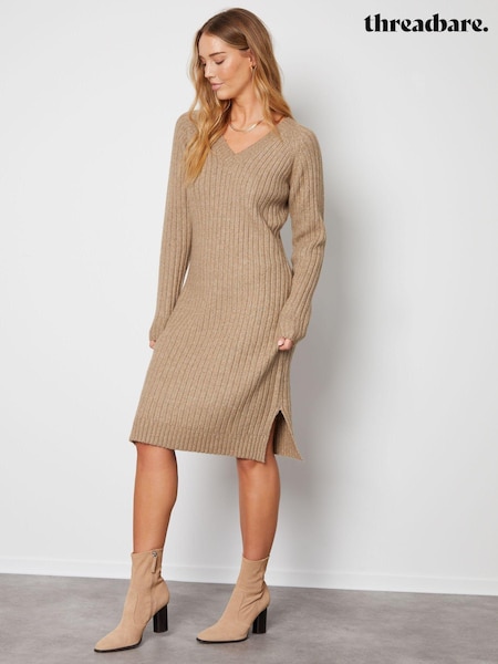 Threadbare Brown V-Neck Knitted Midi Dress (631431) | €15.50