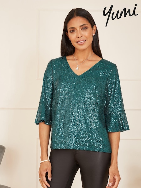 Yumi Green Sequin Top With Fluted Sleeve (631433) | €53
