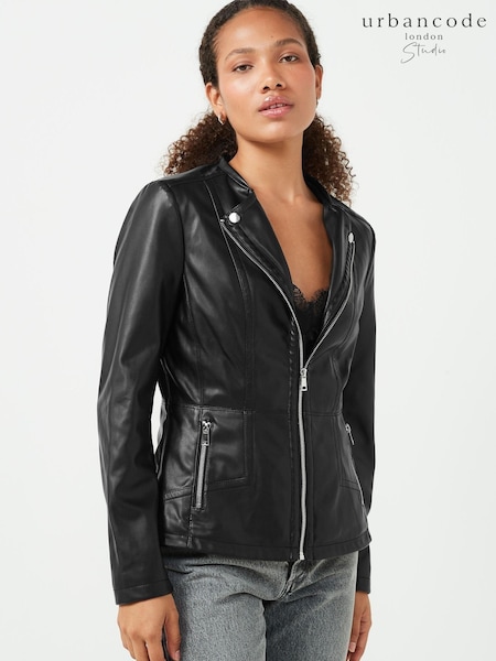 Urban Code black Saint Smith Collarless Zip Detail Faux Leather Jacket (631481) | €19