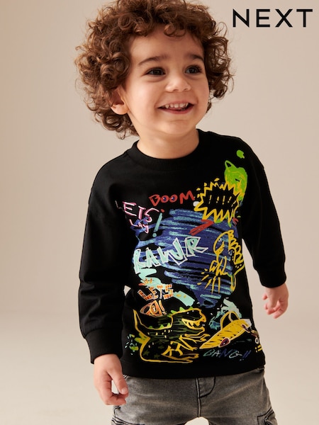 Black Dino Print Long Sleeve Graffiti 100% Cotton T-Shirt (3mths-7yrs) (631664) | €6 - €8