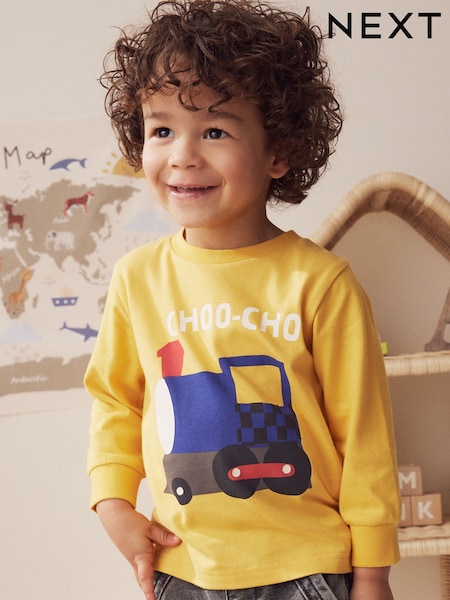 Ochre Yellow Train 100% Cotton Long Sleeve Transport T-Shirt (3mths-7yrs) (631851) | 21 QAR - 28 QAR