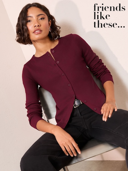 Burgundy Red - Friends Like These Long Sleeve Rib Button Through Top