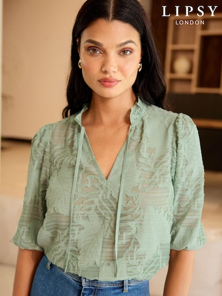 Lipsy Green 3/4 Sleeve Burnout Tie Neck Blouse (633117) | €19.50
