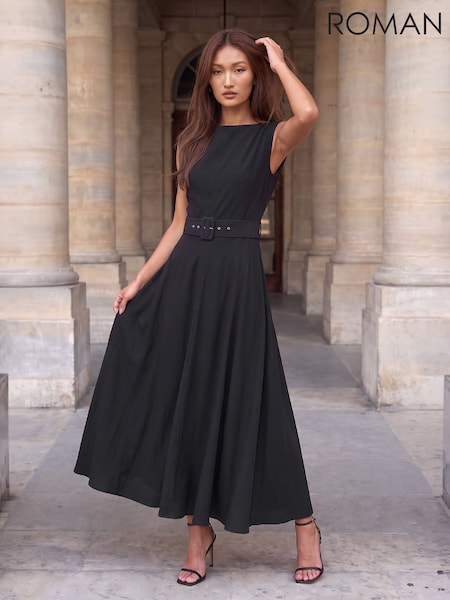 Black - Roman Belted Fit And Flare Dress