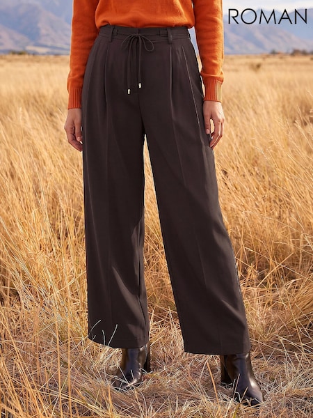 Brown - Roman Skinny Tie Wide Leg Trousers