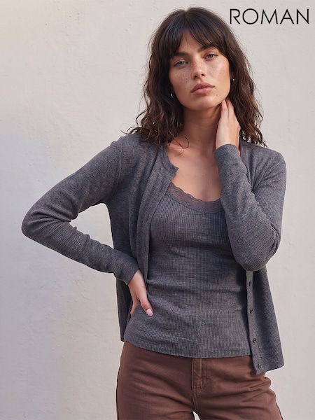 Grey - Roman Lace Trim Cardigan