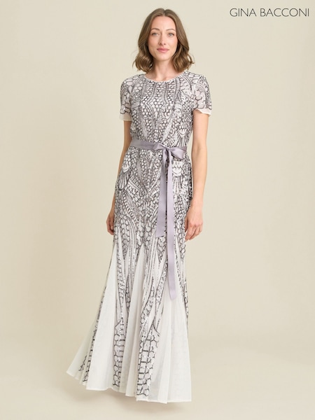 White - Gina Bacconi Mindi Embroidered Sequin Godet Maxi Dress