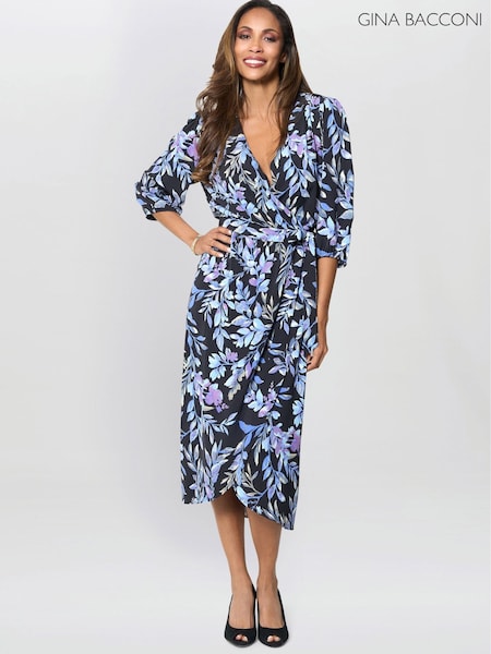 Blue - Gina Bacconi Alexis Floral Print Midi Dress