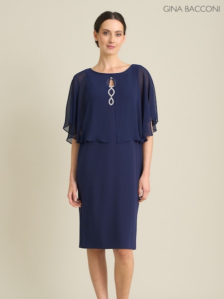 Blue - Gina Bacconi Diamante Trim Chiffon Cape Dress