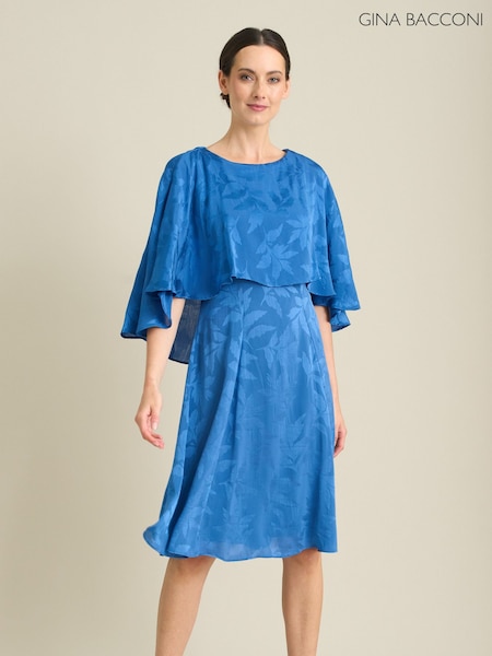 Blue - Gina Bacconi Mercedes Leaf Jacquard Dress