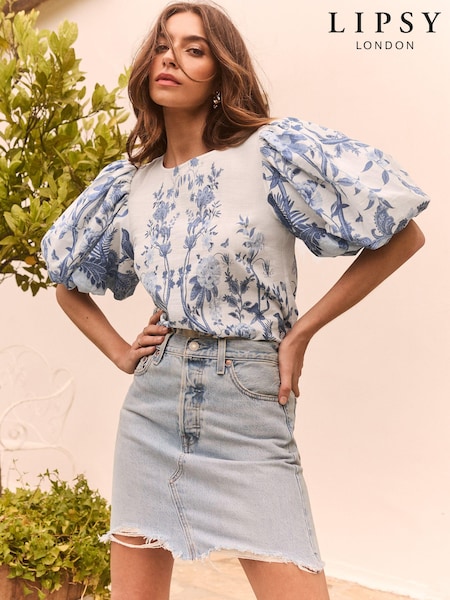 Lipsy Blue Puff Sleeve Linen Blouse (634505) | 162 QAR