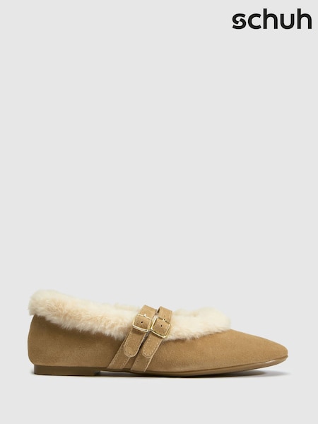 Brown/Cream - Schuh Leni Suede Shearling Ballet Shoes