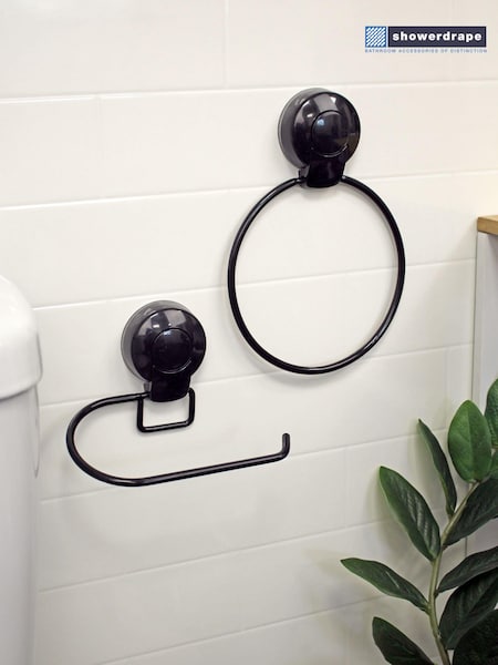 Showerdrape Black Suctionloc Set Of 2 Toilet Roll Holder and Towel Ring (634694) | €34