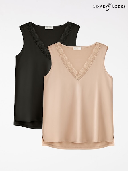 X2 Black and Mocha Brown - Love & Roses Lace Trim Satin Front Jersey Back Vest