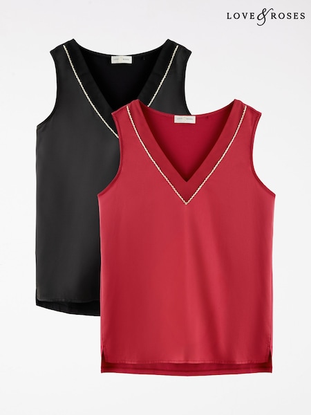 Czarny i czerwony - Love & Roses V-neck Satin Front Vests 2 Pack