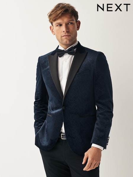 Navy Blue Slim Fit Patterned Velvet Blazer (635402) | AED194