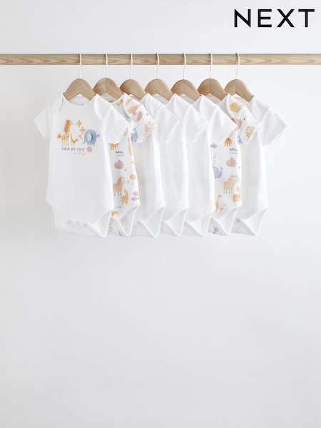 White Noahs Ark Baby Short Sleeve 100% Cotton Bodysuits 7 Pack (635508) | €20 - €22
