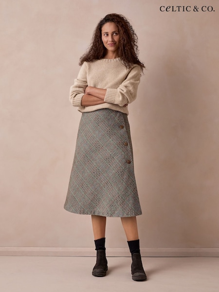 Brown - Celtic & Co. Check Wrap Skirt