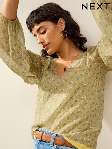 Ockergelb mit Blümchenmuster - Long Sleeve V-Neck Blouse (636011) | 13 €