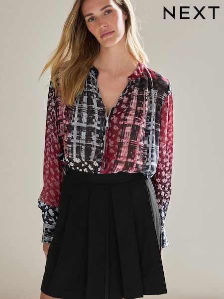 Black/Red Floral Check Cuffed Long Sleeve Sheer V-Neck Zip Detail Blouse (636120) | €8