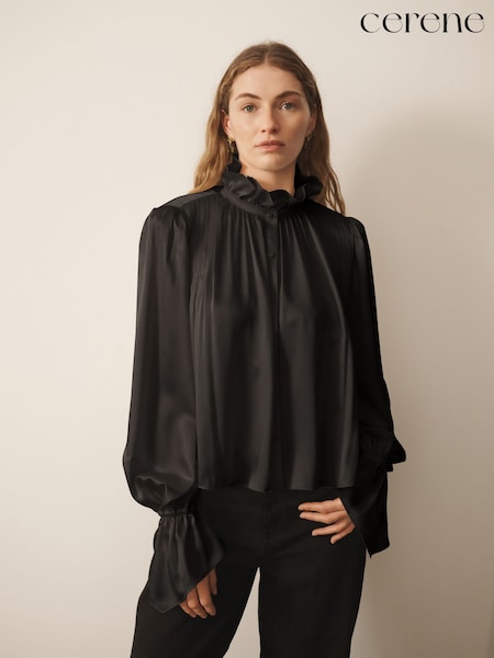 Black - Cerene Long Sleeve High Neck Satin Blouse