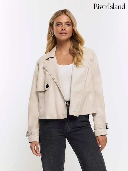 River Island Cream Crop Faux Leather Trench Coat (636571) | €38