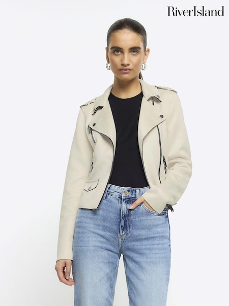 River Island White Suedette Crop Biker Jacket (636882) | €23