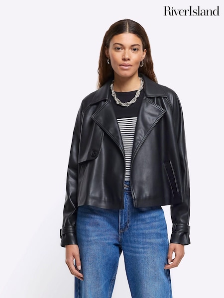 River Island Black Crop Faux Leather Trench Jacket (637275) | €79