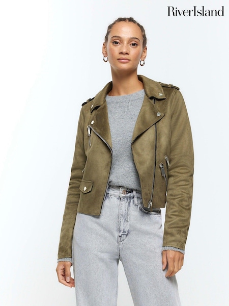 River Island Green Suedette Crop Biker Jacket (637288) | €23