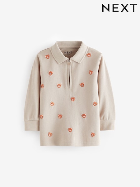Neutral Bears Long Sleeve Quarter Zip 100% Cotton All-Over Embroidered Polo Shirt (3mths-7yrs) (637690) | €12 - €14