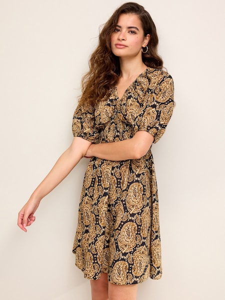 Imprimeuri cu model paisley Negru/Maro - Rochie mini cu talie încrețită (639600) | 114 LEI