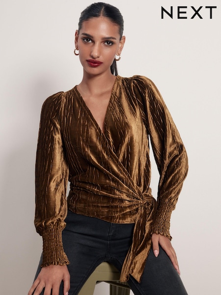 Gold Velvet Long Sleeve Wrap Top (640697) | €19