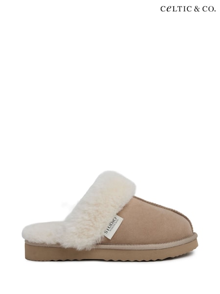 Brown - Celtic & Co. Studio Fur Edge Mule Slippers