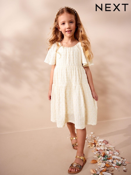 Ecru White Jersey Textured Angel Sleeve Dress (3-16yrs) (641126) | €8.50 - €11.50