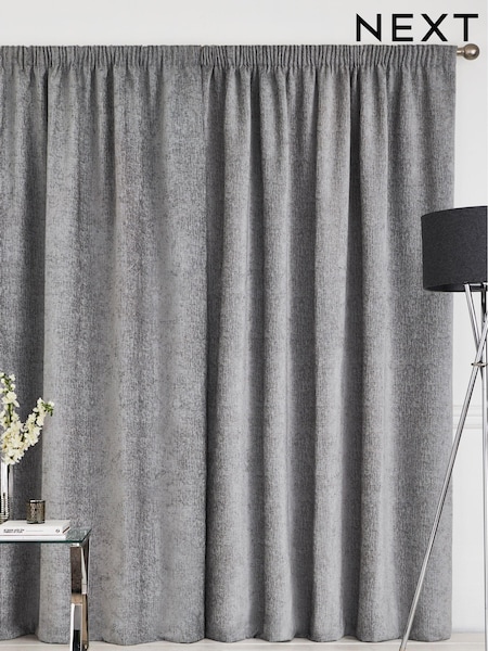 Grey Silver Heavyweight Chenille Pencil Pleat Lined Curtains (641486) | R$ 590 - R$ 1,715