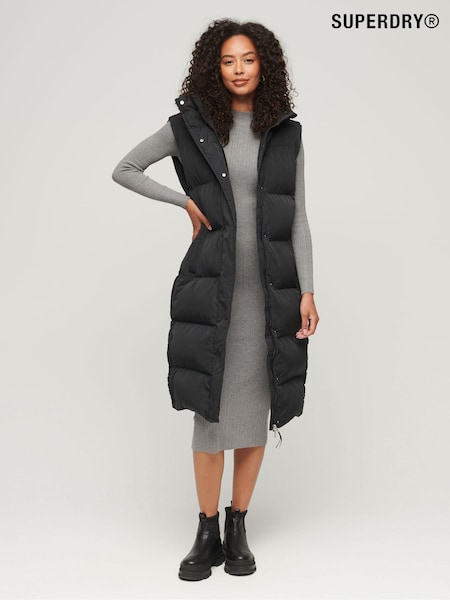 Superdry Black Longline Hooded Puffer 100% Cotton Gilet (641616) | €85