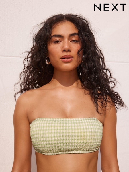 White/Green Gingham Shirred Bandeau Bikini Top (641970) | €15
