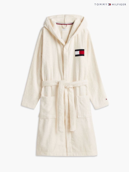 Crema - Regular Tommy Hilfiger Heritage Flag Towelling Hooded Bathrobe