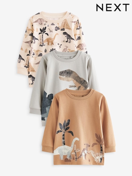 Neutral Dinosaur 100% Cotton Long Sleeve Animal Print Character T-Shirts 3 Pack (3mths-7yrs) (642550) | €16 - €20