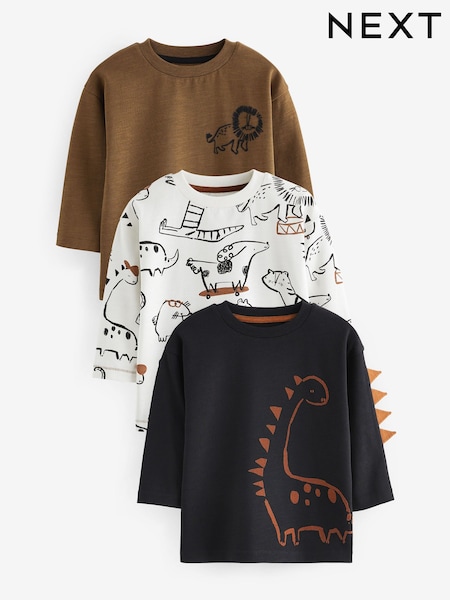 rjava/White Dinosaur - 100% Cotton Long Sleeve Animal Print Character T-Shirts 3 Pack (3mths-7yrs) (642678) | € 16 - € 20